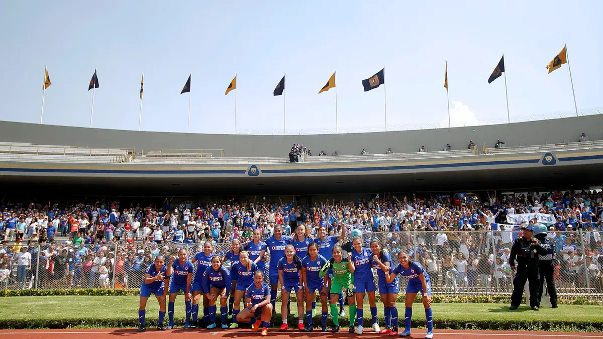 Jugadoras de Cruz Azul Femenil posan juntas en la cancha del Estadio Olímpico Universitario frente a la afición, en un partido de marzo de 2020