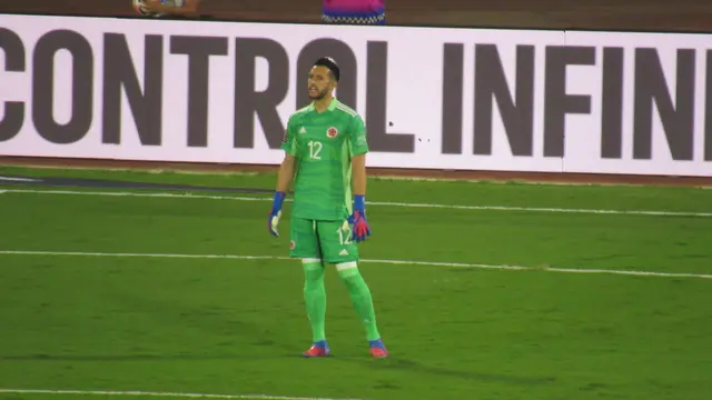 Camilo Vargas con el uniforme verde de portero de Colombia y el número 12, de pie sobre la cancha durante un partido