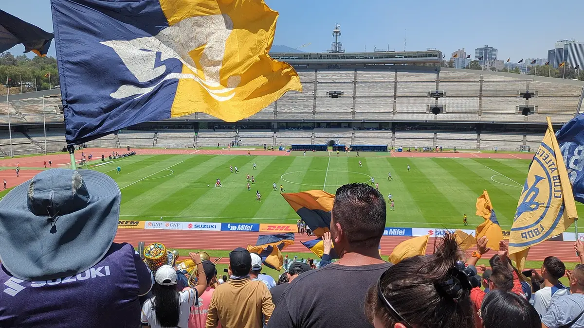 Afición con banderas en las gradas durante un partido de cuartos de final de la Liga MX Femenil