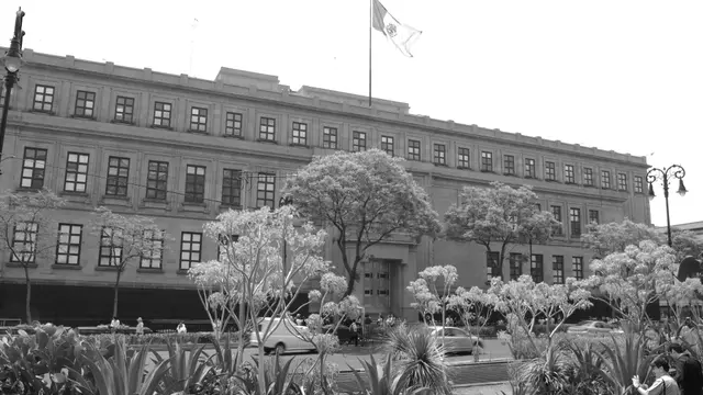 Fotografía en blanco y negro del edificio de la Suprema Corte de Justicia de la Nación en la Ciudad de México, con árboles en flor al frente y la bandera de México en lo alto