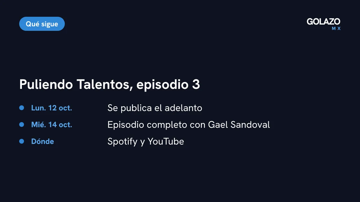 Agenda del podcast Puliendo Talentos: adelanto el 12 de octubre y episodio completo con Gael Sandoval el miércoles 14 de octubre en Spotify y YouTube
