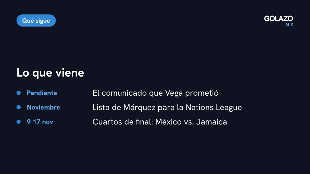 Lo que sigue para Vega y el Tri: comunicado pendiente, convocatoria para cuartos de Nations League ante Jamaica entre el 9 y el 17 de noviembre