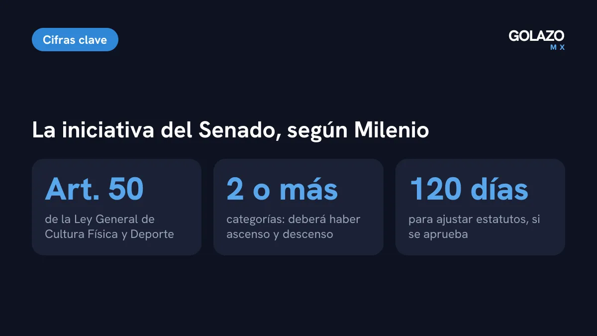 La iniciativa del Senado en cifras según Milenio: reforma al artículo 50, aplica con dos o más categorías y da 120 días para ajustar estatutos si se aprueba