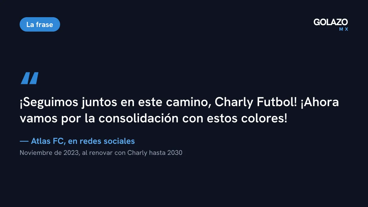 Mensaje del Atlas en redes sociales en noviembre de 2023 al renovar con Charly Futbol hasta 2030: seguimos juntos en este camino
