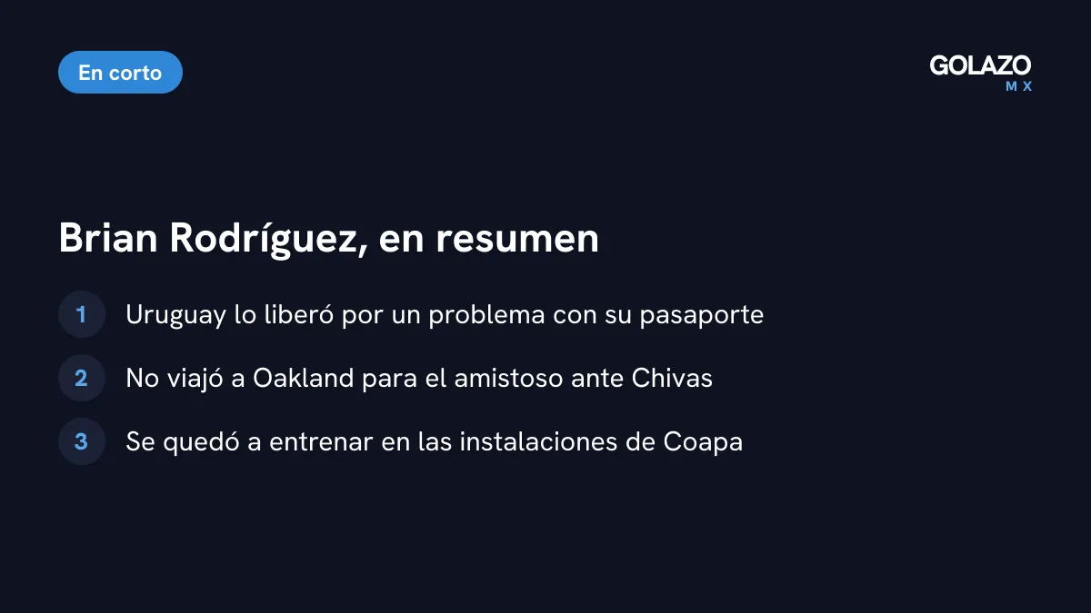 Resumen de la situación de Brian Rodríguez: liberado por Uruguay por su pasaporte, no viajó a Oakland y entrena en Coapa