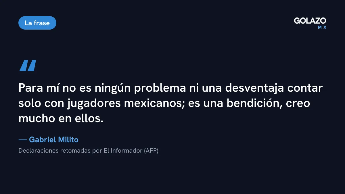 Frase de Gabriel Milito, citada por El Informador: contar solo con jugadores mexicanos no es un problema sino una bendición