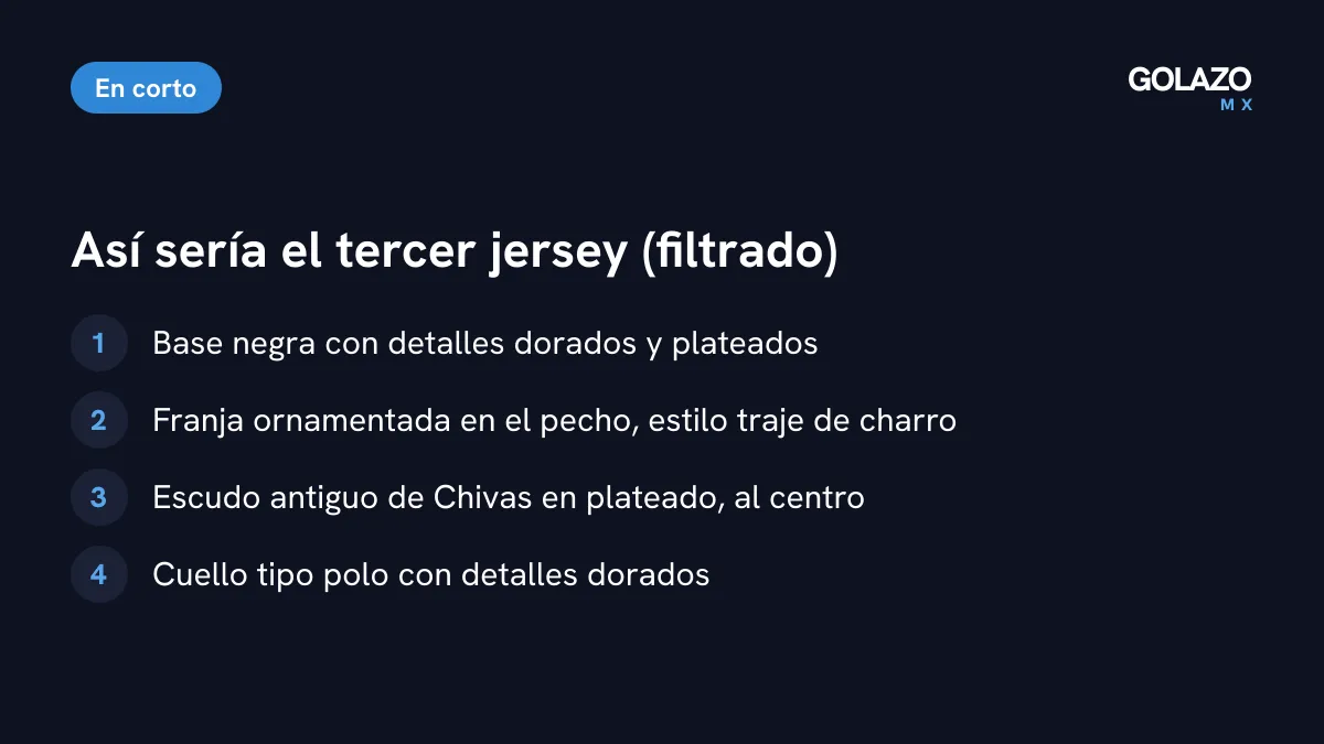 Detalles del posible tercer jersey de Chivas según la filtración: base negra, franja dorada tipo traje de charro, escudo antiguo plateado y cuello polo