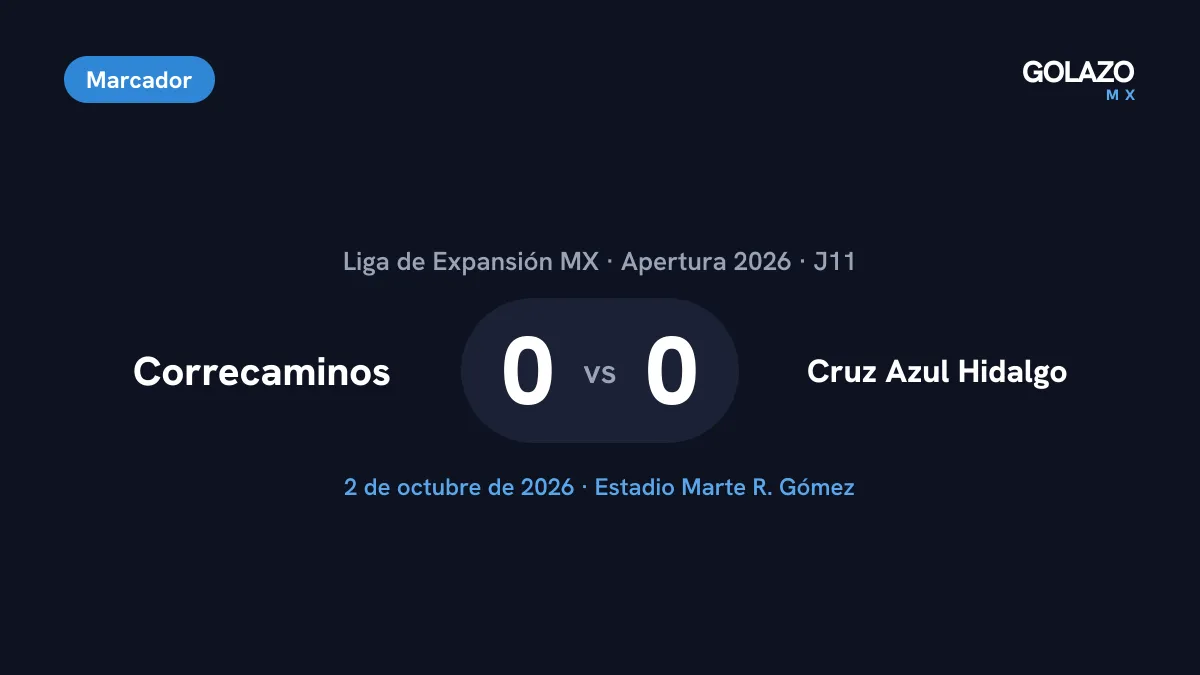 Marcador del Correcaminos 0-0 Cruz Azul Hidalgo de la Jornada 11 del Apertura 2026 de la Liga de Expansión MX, jugado el 2 de octubre en el Estadio Marte R. Gómez