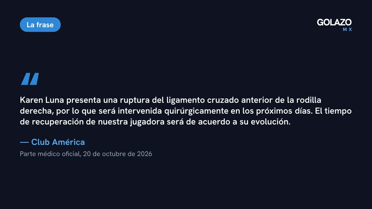 Parte médico del Club América: Karen Luna presenta una ruptura del ligamento cruzado anterior de la rodilla derecha y será operada en los próximos días