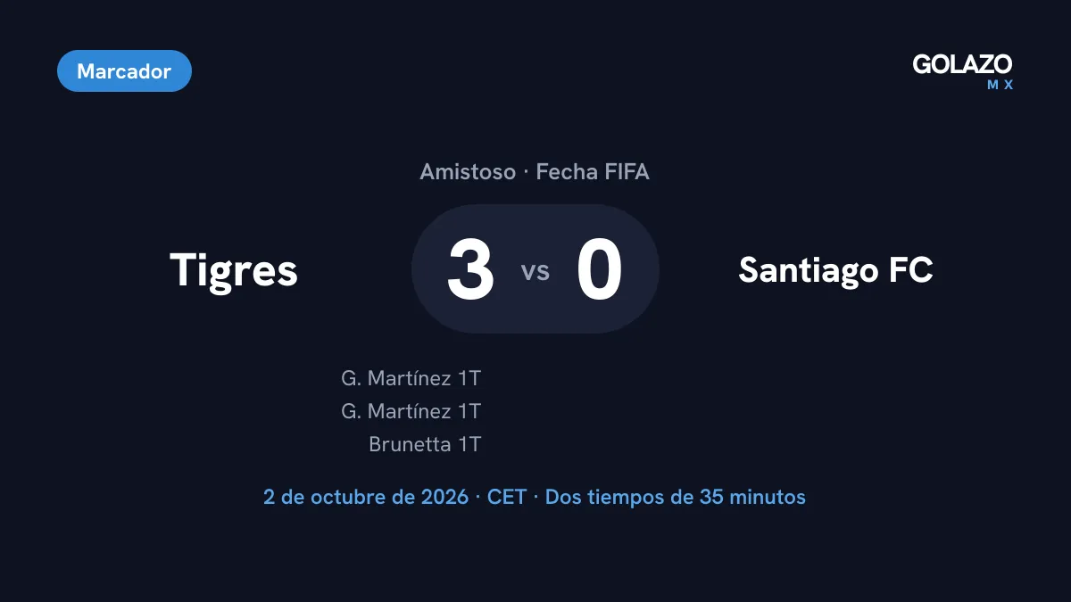 Marcador del amistoso Tigres 3-0 Santiago FC con dos goles de Memote Martínez y uno de Juan Brunetta, todos en el primer tiempo