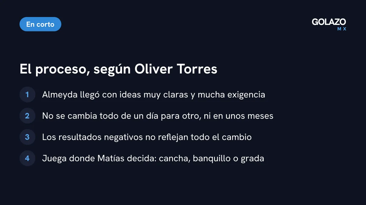 Ideas de Oliver Torres sobre el proceso: ideas claras y exigencia, cambio que no llega en meses, resultados que no reflejan todo y disposición en cualquier posición
