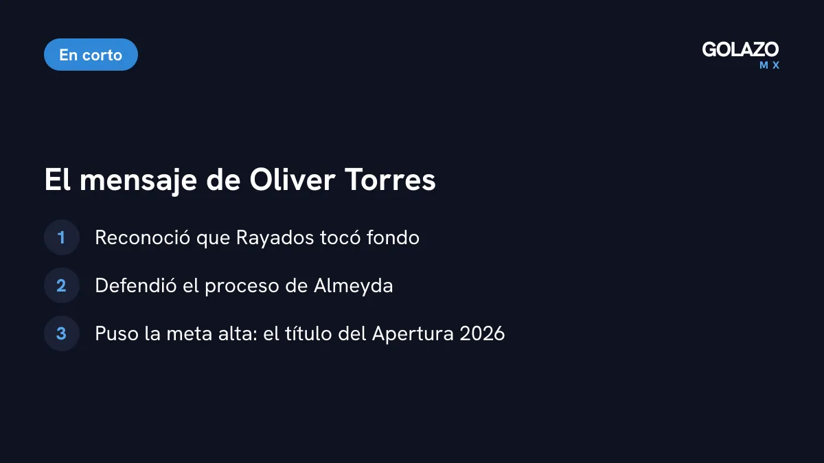 Resumen del mensaje de Oliver Torres: reconoció que Rayados tocó fondo, defendió el proceso de Almeyda y fijó como meta el título del Apertura 2026