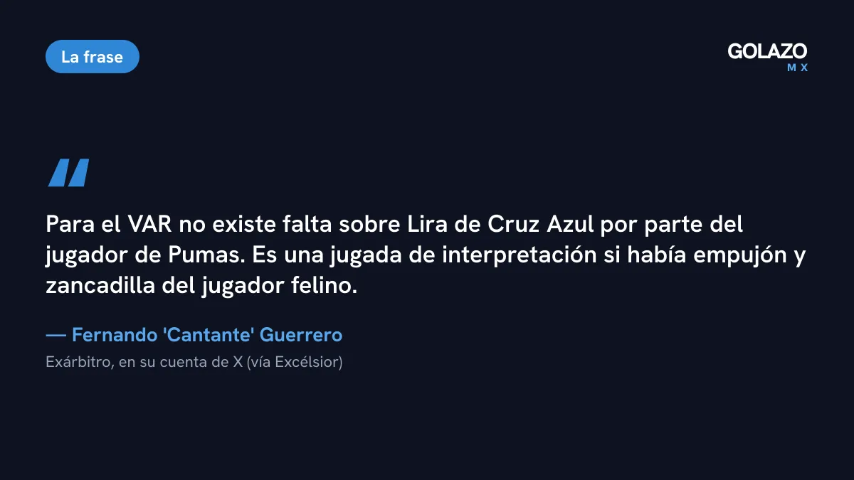 Cita del exárbitro Fernando Cantante Guerrero sobre la posible falta sobre Erik Lira antes del gol del Chino Huerta