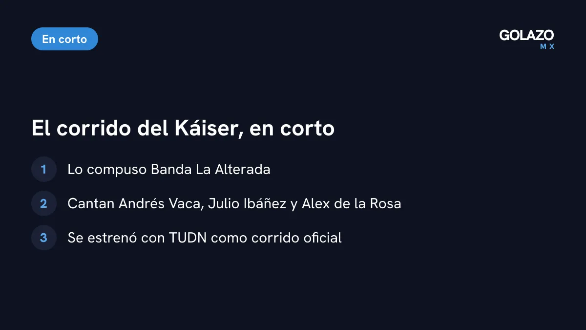 Ficha del corrido de Rafa Márquez: compuesto por Banda La Alterada, con las voces de Andrés Vaca, Julio Ibáñez y Alex de la Rosa, y estrenado con TUDN