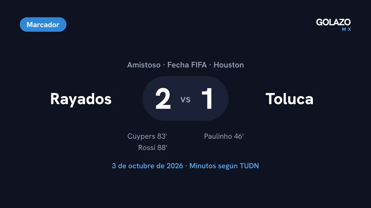 Marcador del amistoso Rayados 2-1 Toluca en Houston: Paulinho al 46, Cuypers al 83 y Rossi al 88