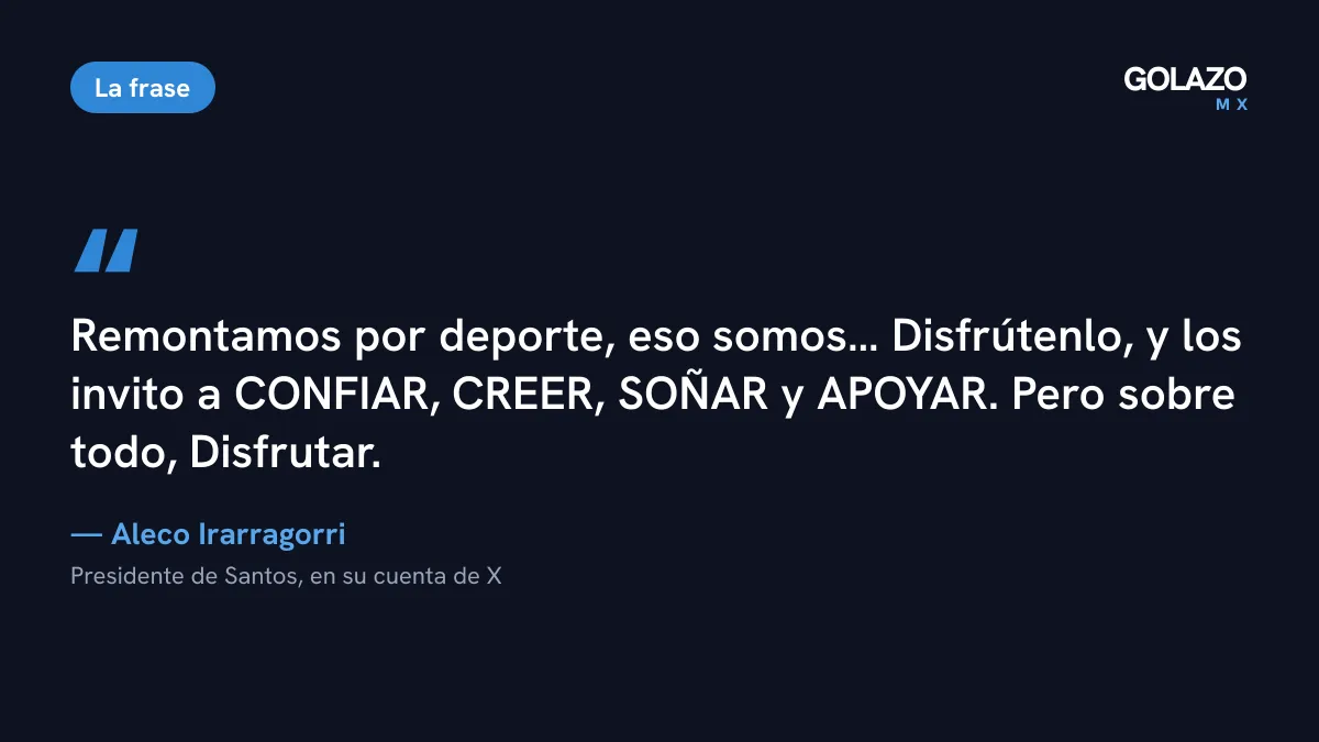Mensaje de Aleco Irarragorri en X tras la cuarta victoria de Santos: invita a confiar, creer, soñar, apoyar y disfrutar