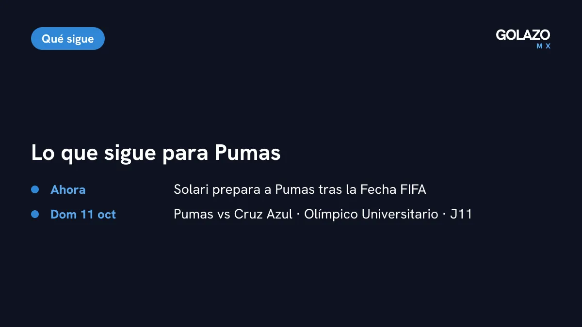 Lo que sigue para Pumas: recibe a Cruz Azul el domingo 11 de octubre en el Estadio Olímpico Universitario, en la Jornada 11 del Apertura 2026