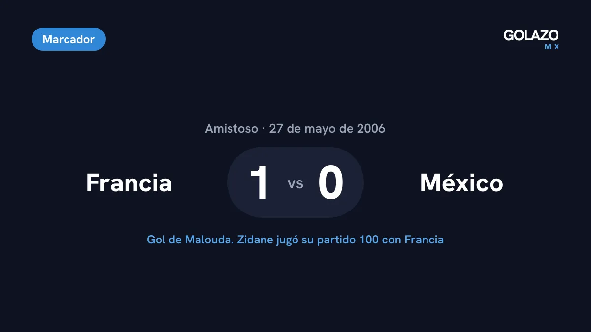 Marcador del amistoso del 27 de mayo de 2006: Francia 1, México 0, con gol de Florent Malouda