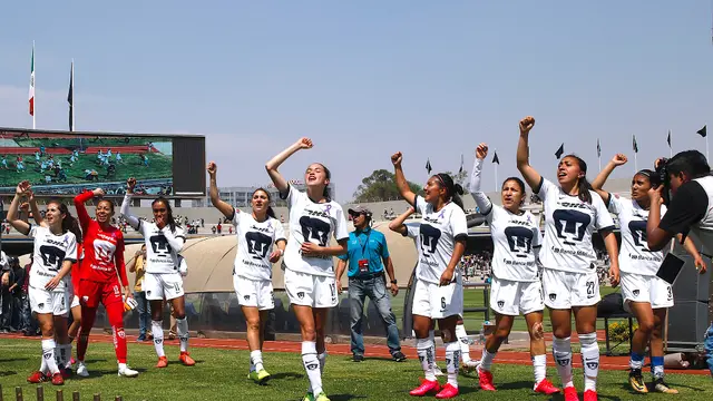 Jugadoras de Pumas Femenil con uniforme blanco levantan el puño frente a la tribuna del Estadio Olímpico Universitario en 2020